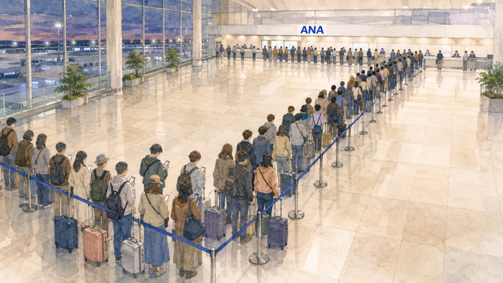 空港のANAカウンター前に長く伸びた行列のイメージイラスト