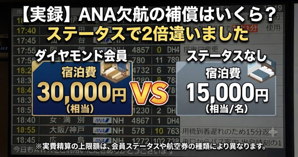 ANAの欠航補償額を比較したアイキャッチ画像。ダイヤモンド会員は宿泊費30,000円(相当)、ステータスなしは15,000円(相当/名)