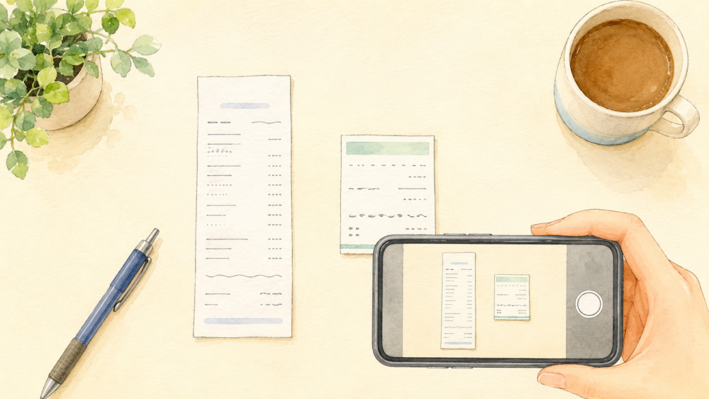 ANAの欠航補償の申請に必要なホテルと交通費の領収書をスマートフォンで撮影している様子