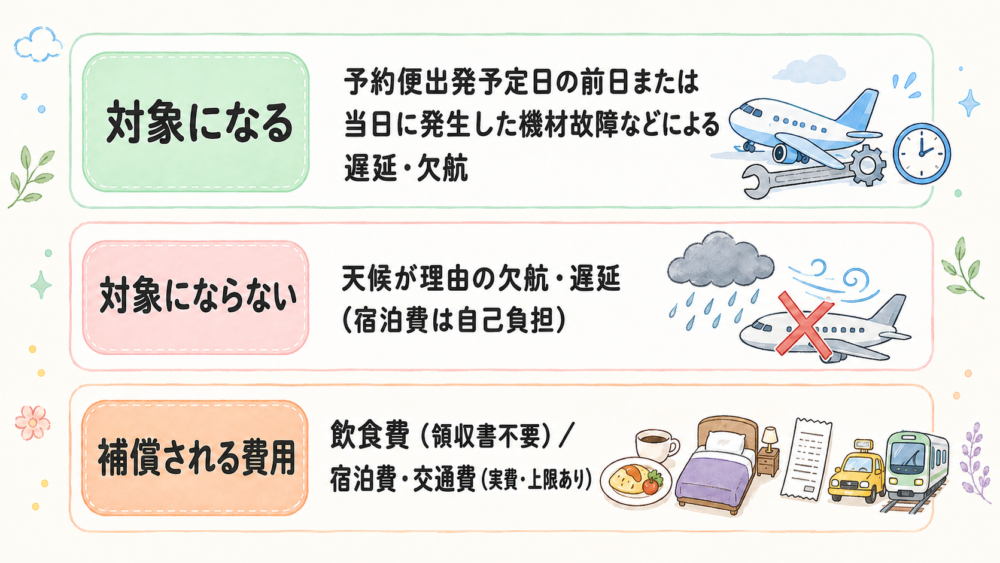 ANAの補償対象になるケースとならないケースの図解。機材故障は対象、天候理由は対象外