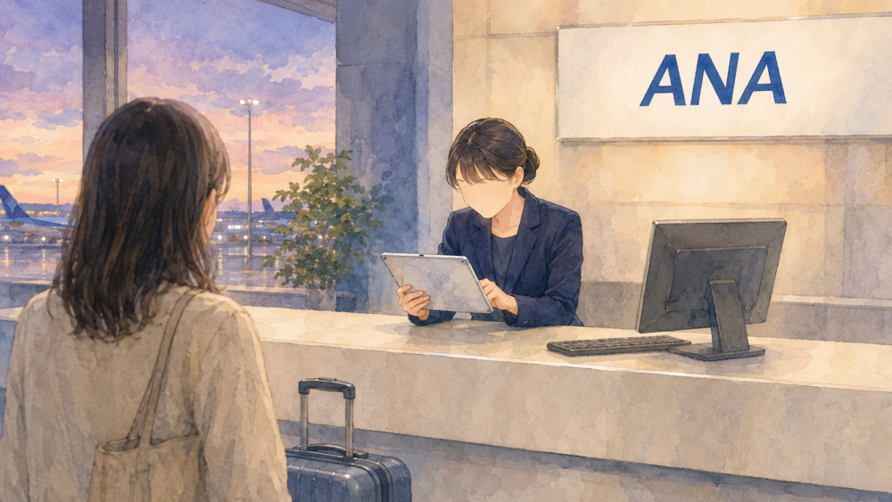 空港のカウンターでANAのスタッフがタブレットで振替便を検索しているイメージイラスト