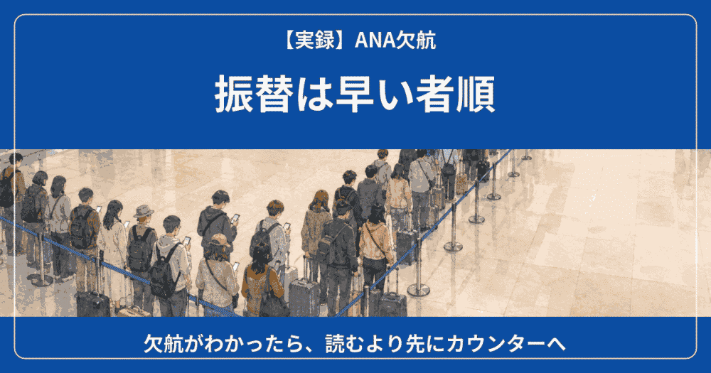 ANA欠航時の振替手続きのアイキャッチ。カウンターに並ぶ長い行列と「振替は早い者順」の文字