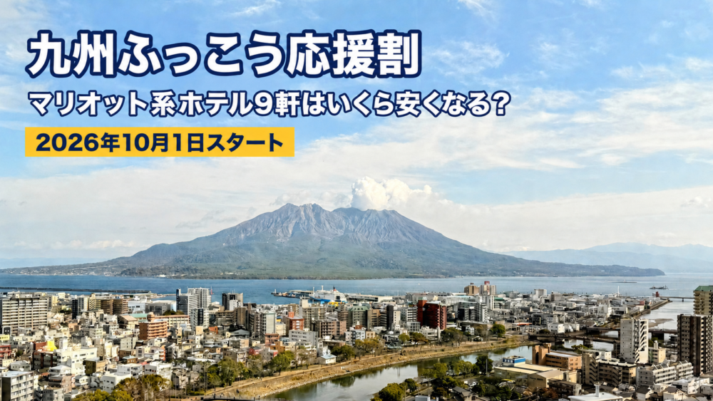 桜島と鹿児島市街を背景に、2026年10月1日開始の九州ふっこう応援割で、マリオット系ホテル9軒がいくら安くなるのかを紹介するブログのアイキャッチ画像。