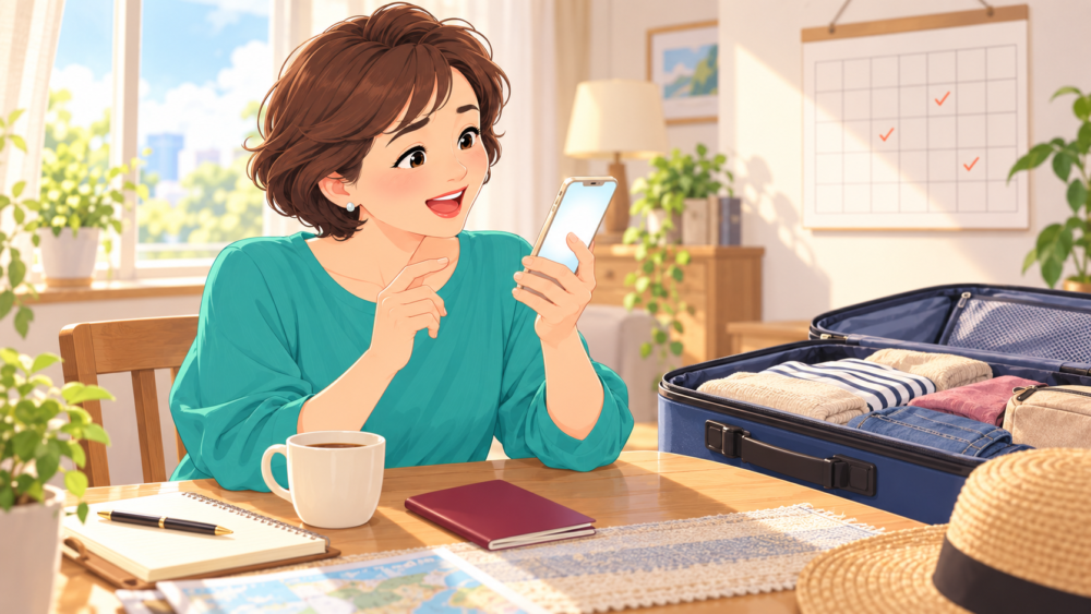 自宅でスマホに向かって英語を声に出して練習する女性のイラスト