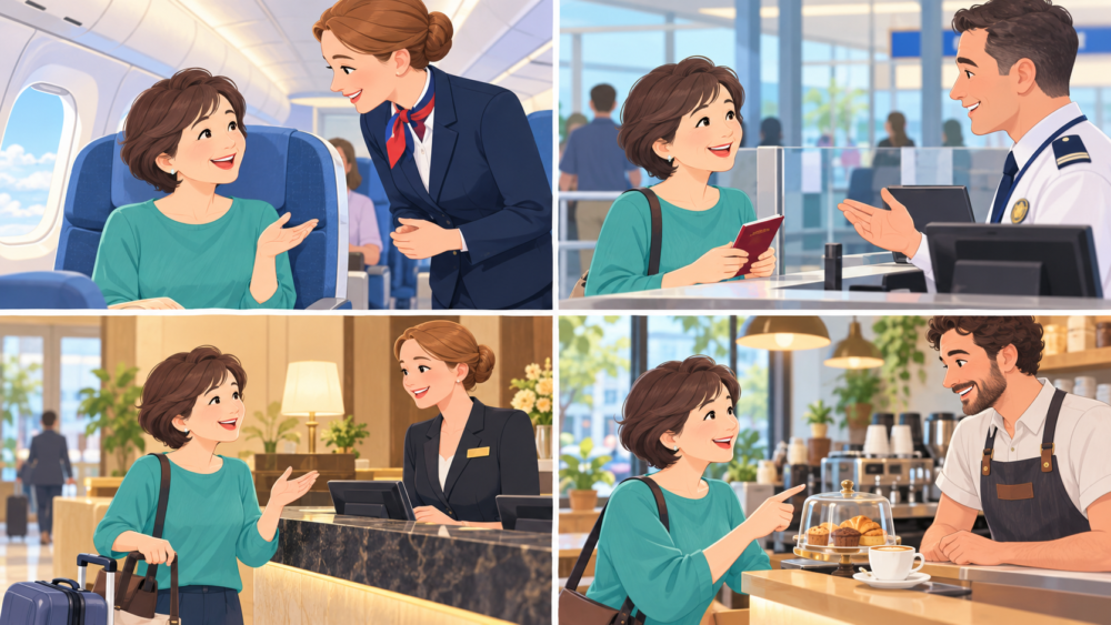 機内・入国審査・ホテル・カフェで笑顔で一言話しかける女性のイラスト