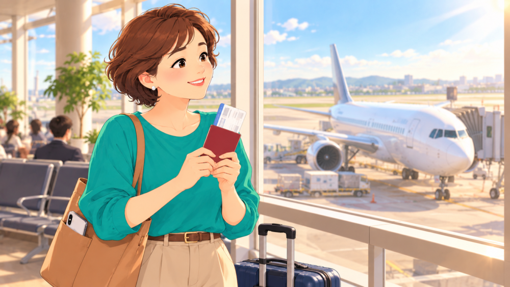 空港の搭乗ゲートで飛行機を眺めてわくわくしている女性のイラスト