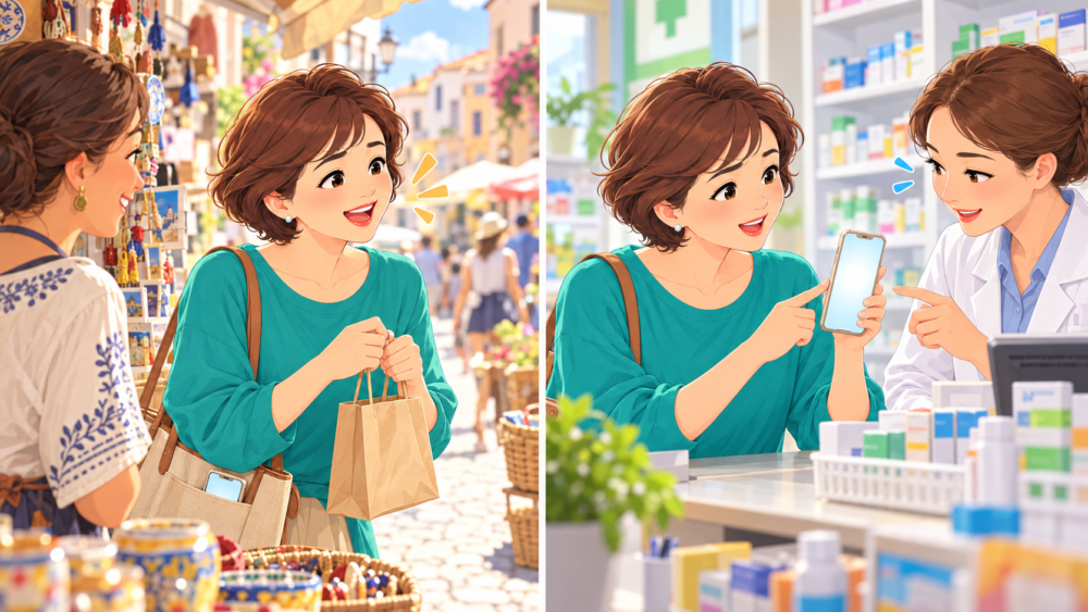 売店では自分の口でお礼を言い、薬局では翻訳アプリで症状を伝える女性のイラスト
