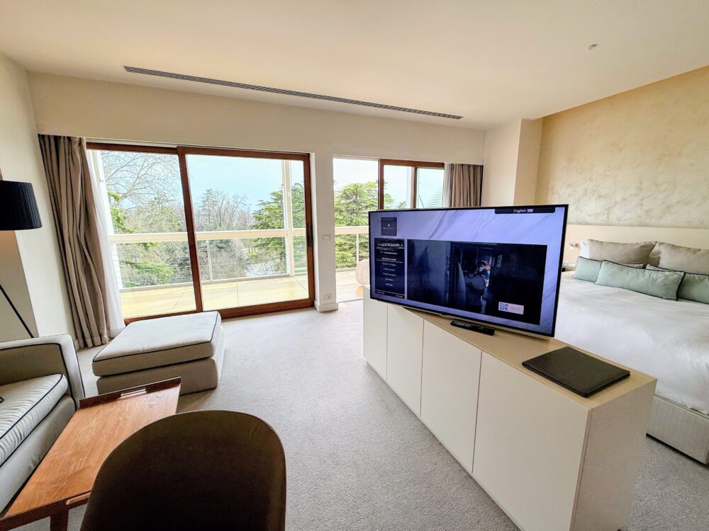 ジュニアスイートの全景。リビングエリアとベッドルームの間に大型テレビが配置され、大きな窓からは美しい庭園の景色が広がる明るいお部屋