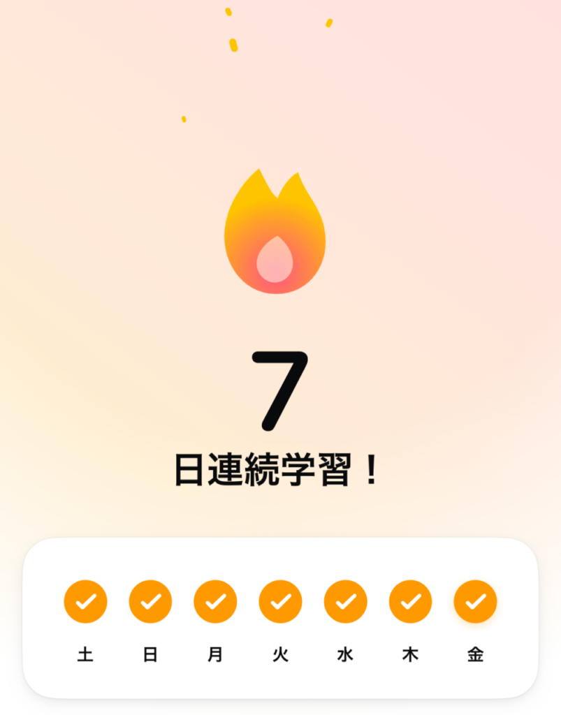 スピークの7日連続学習の画面。土曜から金曜まで全日チェック