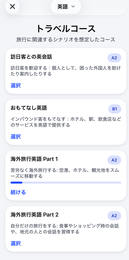 スピークのトラベルコース一覧。海外旅行英語Part1・Part2はA2、おもてなし英語はB1
