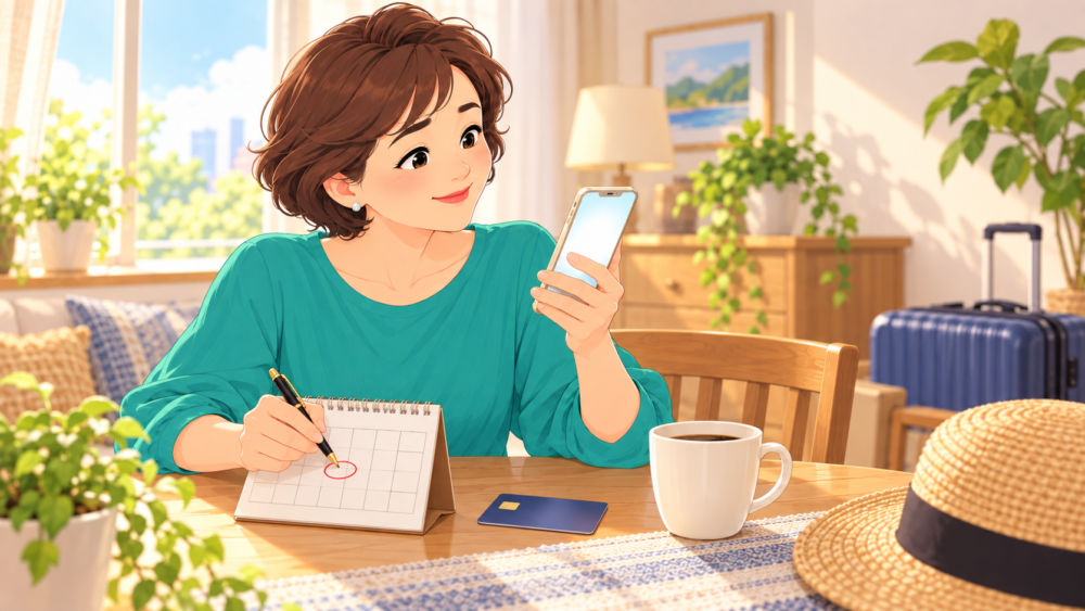 申し込む前にカレンダーの日付に丸をつけて確認する女性のイラスト