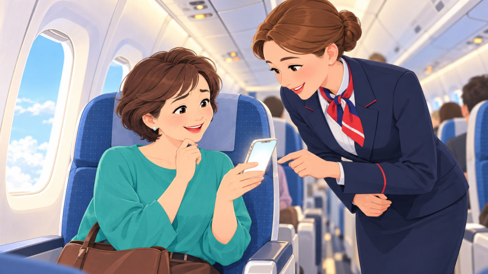 機内で翻訳アプリの画面をCAに見せている女性のイラスト
