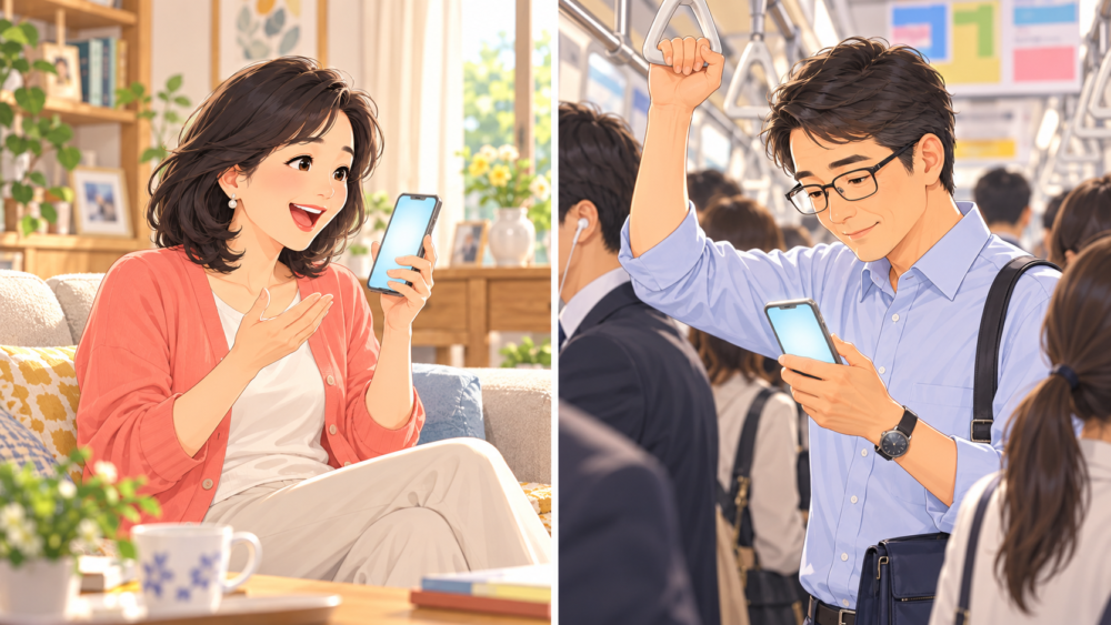 ソファで気軽に声を出して練習する人と、混んだ電車で声を出せない人のイラスト