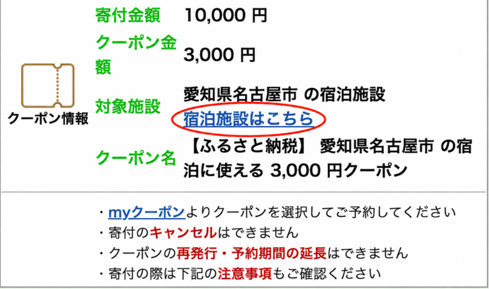 楽天ふるさと納税の商品ページにあるクーポン情報欄。寄付金額10,000円、クーポン金額3,000円、対象施設は愛知県名古屋市の宿泊施設と表示され、「宿泊施設はこちら」のリンクがある。