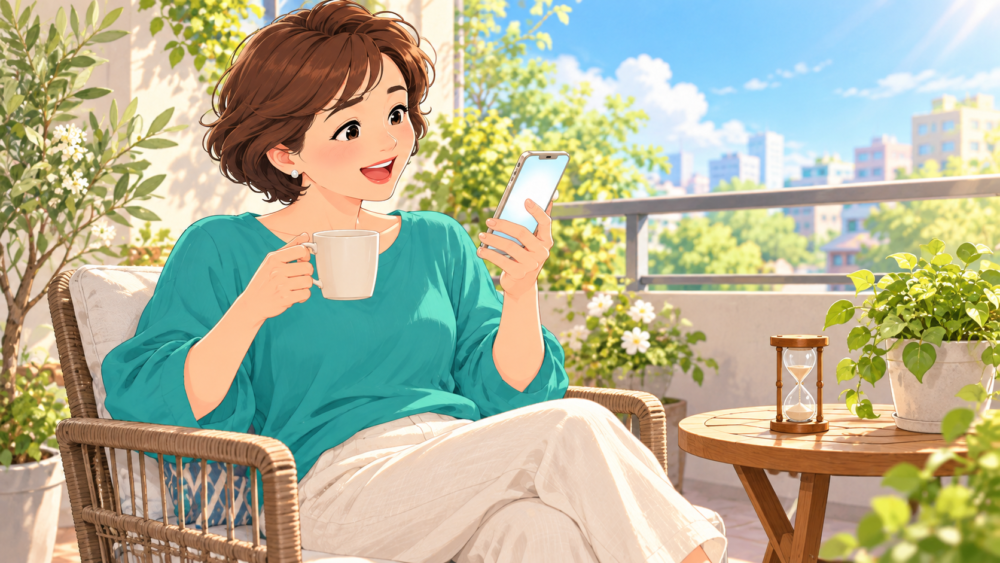 朝のベランダで砂時計を横に置き、コーヒーを片手に気楽に英語を練習する女性のイラスト
