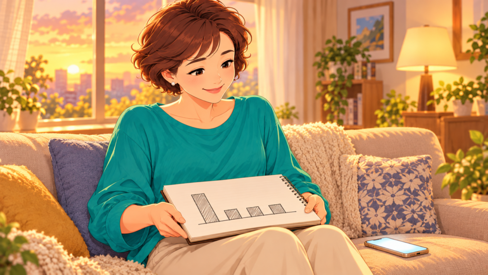 夕方のソファで、1週目だけ高い棒グラフのノートを見て微笑む女性のイラスト