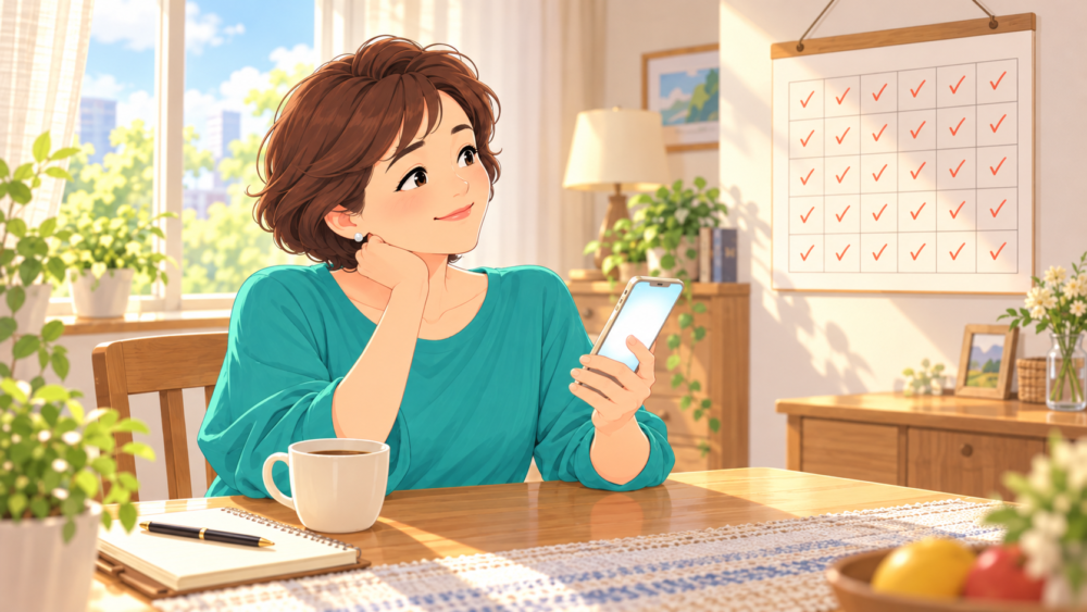 30日分すべてにチェックが付いたカレンダーの前で、スマホを手におだやかに微笑む女性のイラスト
