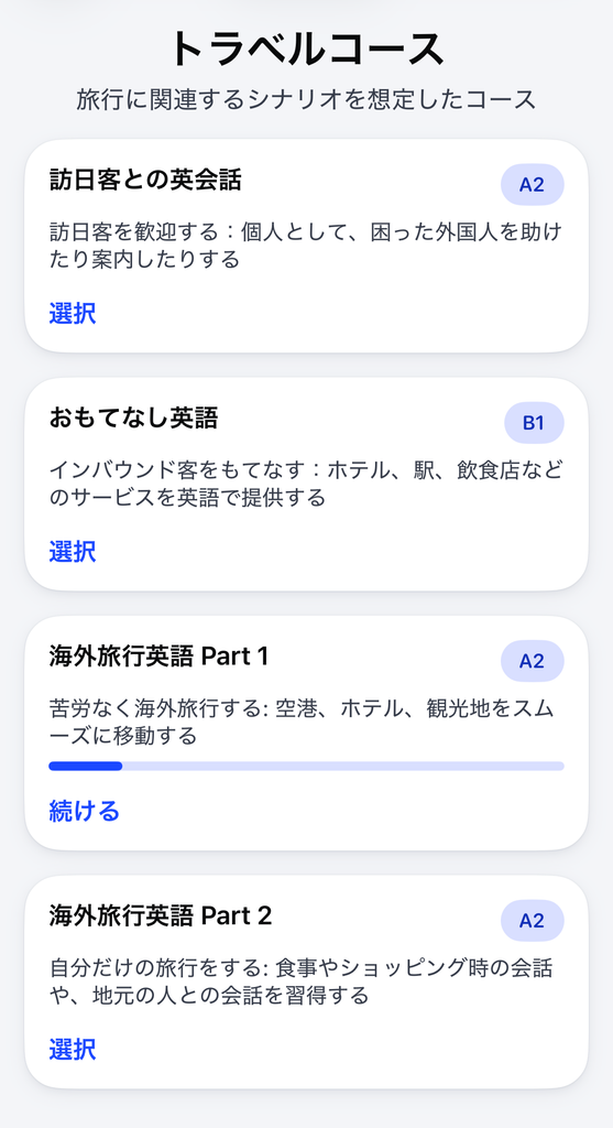 スピークのトラベルコース一覧。海外旅行英語Part1・Part2はA2、おもてなし英語はB1