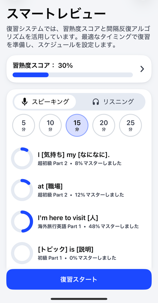 10月19日のスピークのスマートレビュー画面。習熟度スコア30%