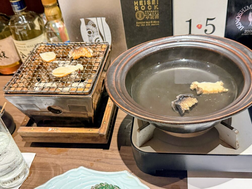 黒鮑の炭火焼きとしゃぶしゃぶの小鍋