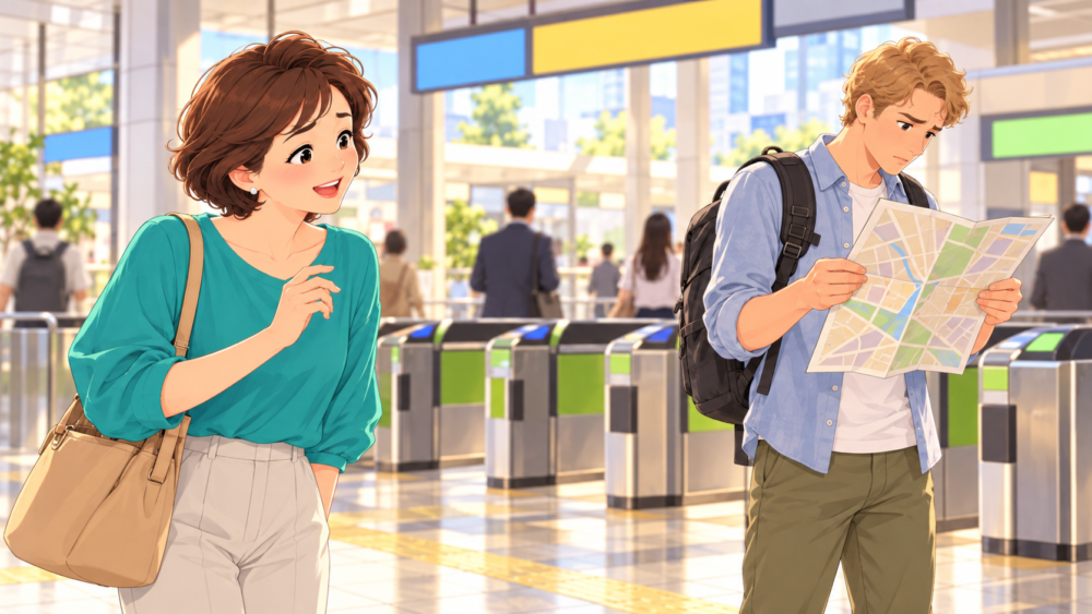 駅の改札前で、地図を広げて困っている外国人旅行者に声をかけようか迷う女性のイラスト