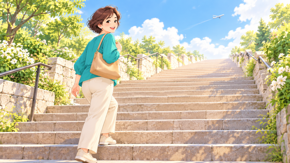 長い階段を数段上ったところで振り返り、笑顔を見せる女性のイラスト