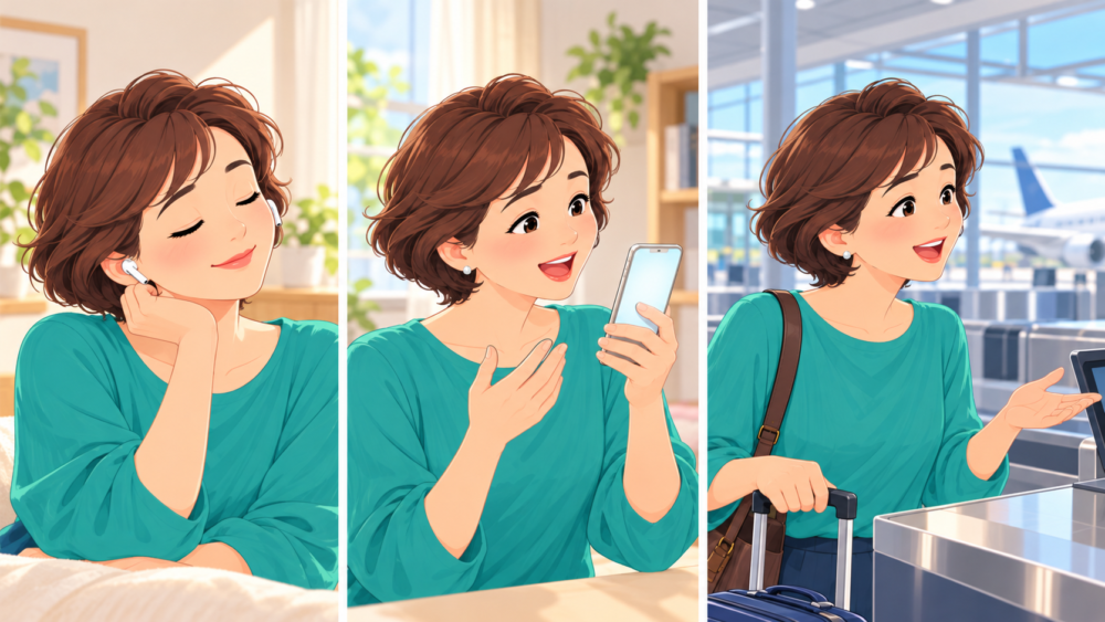 お手本を聞く・スマホを見て声に出す・空港のカウンターで話す、の3ステップで英語を練習する女性のイラスト