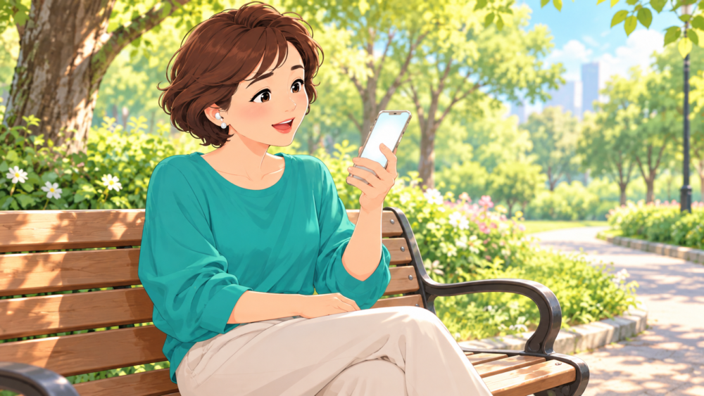 公園のベンチでスマホを片手に英語を練習する女性