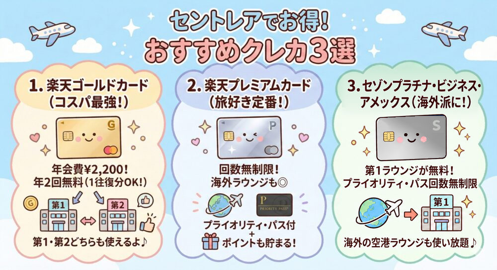セントレアのカードラウンジをお得に使えるおすすめクレジットカード3選のイラスト。1.楽天ゴールドカード(年会費2,200円・ラウンジ年2回無料・第1と第2どちらも使える)、2.楽天プレミアムカード(国内ラウンジ回数無制限・プライオリティ・パス付き)、3.セゾンプラチナ・ビジネス・アメックス(第1ラウンジが無料・プライオリティ・パスの回数無制限で海外の空港ラウンジも使える)の特徴をまとめている。