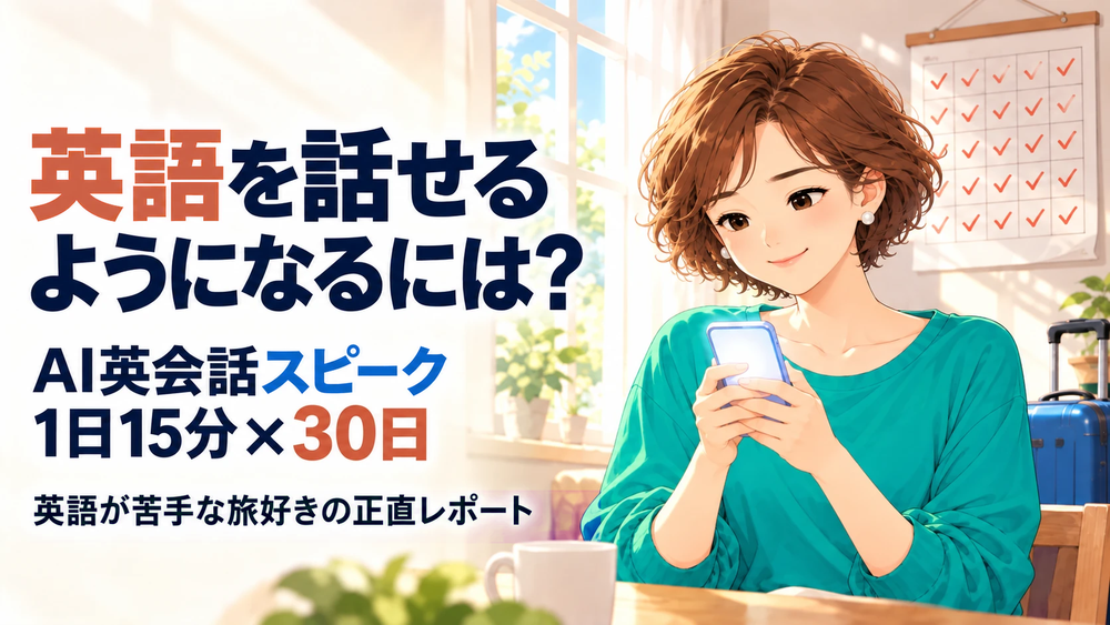 AI英会話スピーク1日15分×30日「英語を話せるようになるには？」の文字と、スマホを両手に持って微笑む女性のイラスト