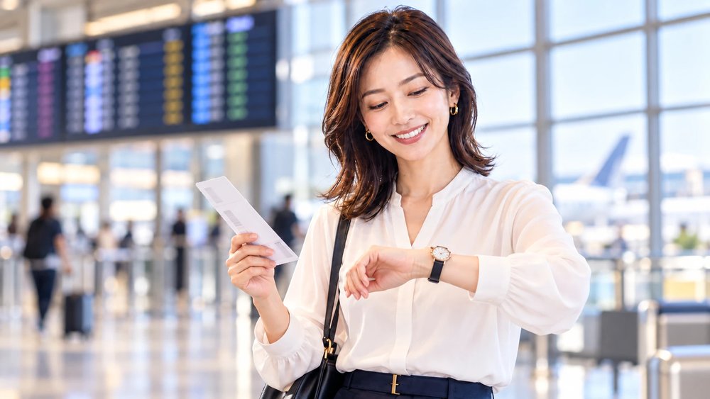 空港の出発ロビーで、搭乗券を手に腕時計を見て出発時刻を確認する女性。国内のレストランやリラクゼーション施設は、出発3時間前からプライオリティ・パスで利用できる。