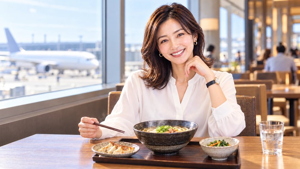 空港のレストランで、窓の外の飛行機を背に、温かい麺料理と小皿料理を前に笑顔を見せる女性。プライオリティ・パスでは、空港ラウンジだけでなくレストランも利用できる。